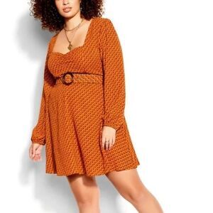 City Chic CCX Retro Chic Floral Belted Dress Mustard Printed Size 14 xs